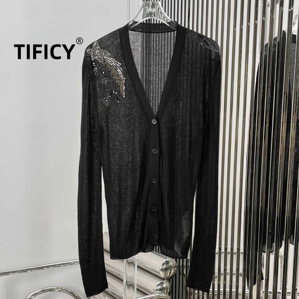 TIFICY High Street Cardigan Coats Autumn New Women's Fashion Nail Drill Bright Tencel Wool Knitted Cardigan Jacket