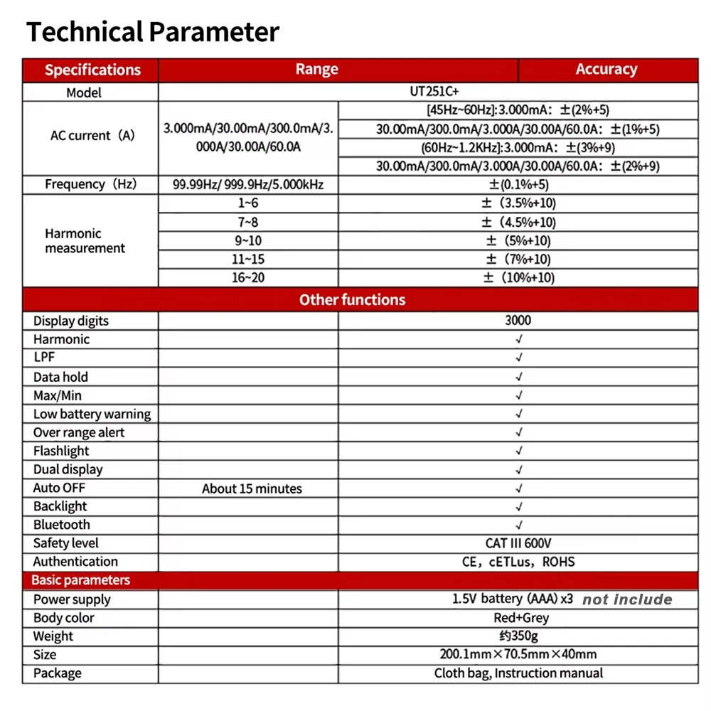 UNI-T UT251C + Pinza amperometrica corrente di dispersione 60A AC Pinza amperometrica digitale Vero RMS PEAK Hold Bluetooth LPF Misura test armonico