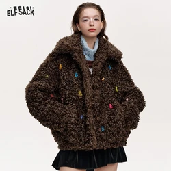 ELFSACK 2024 Winter New Arrivals Sweet and cool colorful bears imitation plush loose thick coat for women