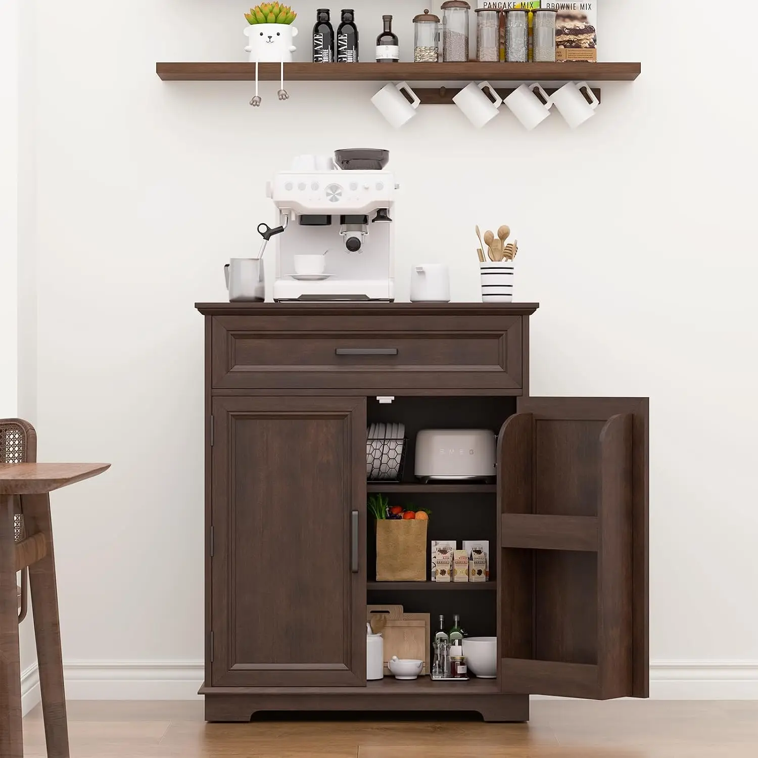 Kitchen Storage Cabinet with Drawer & Storable Door, Modern Floor Sideboard Freestanding, Cherry, Customized