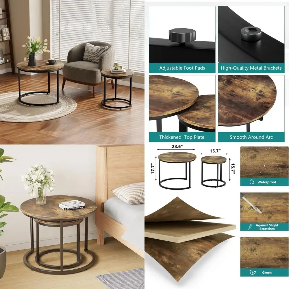 

Pair of Rustic 23.6 Round Wood Top Coffee Tables with Adjustable Feet for Home and Outdoor Use