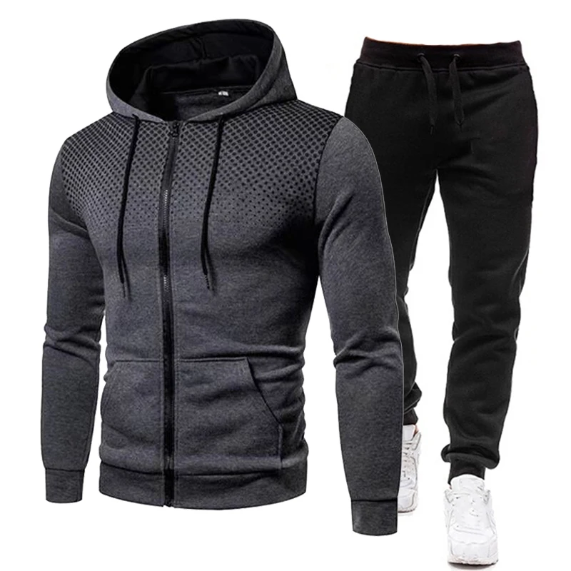 Abbigliamento sportivo autunno inverno per uomo tuta sfumata da uomo felpa con cappuccio con cerniera/felpe e pantaloni della tuta caldi 2 pezzi