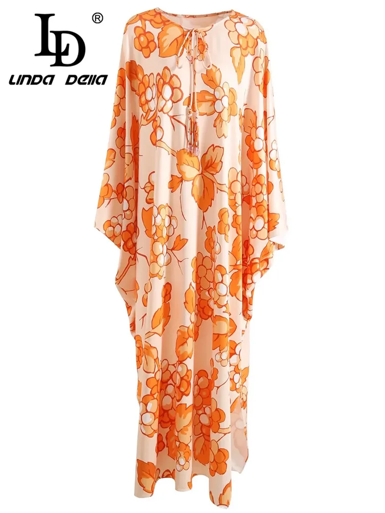 

LD LINDA DELLA 2023 Autumn New Style Vintage Casual Dresses Women's Round Neck Print Loose Slit Tie leader Draped fold Dresses