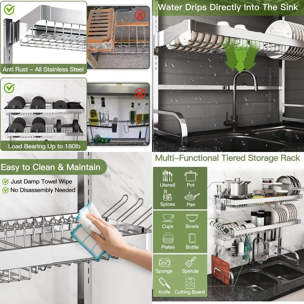 Large 3-Tier Stainless Steel Sink Dish Rack, Expandable, Rust-Resistant, Space-Saving, Modern Silver, High-Capacity Kitchen Coun