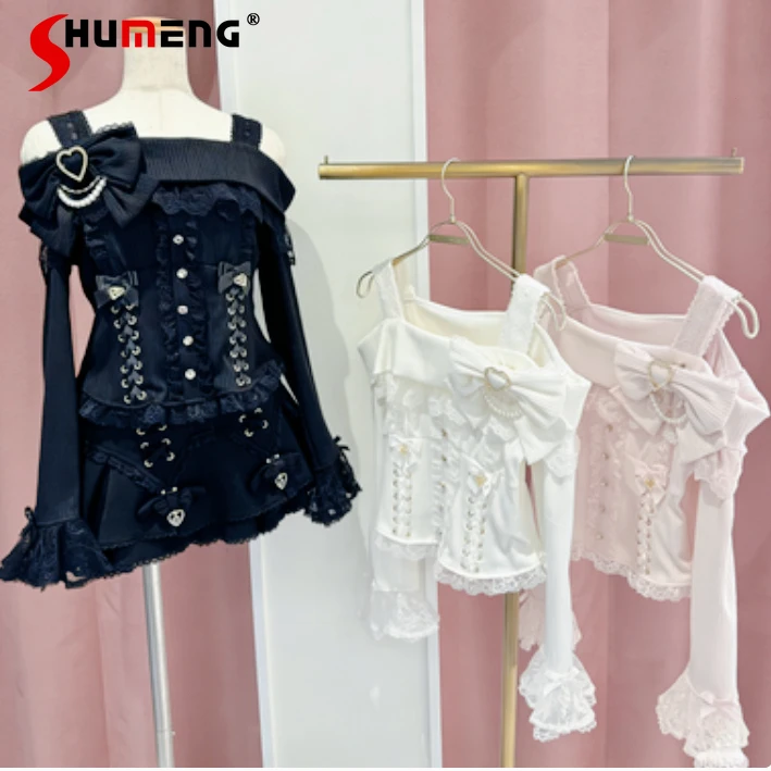

2026 Spring Autumn Winter New Y2k Strap Knitwear Thin And Sweet Bow One-word Shoulder Threaded Top Sweater 3 Colors Can Choose