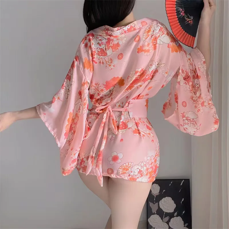 Women Sexy Lingerie Cosplay Pink Japanese Kimono Set Home Pajamas Bodysuit Women\'s Underwear Japan Short Dress Lace Sleepwear