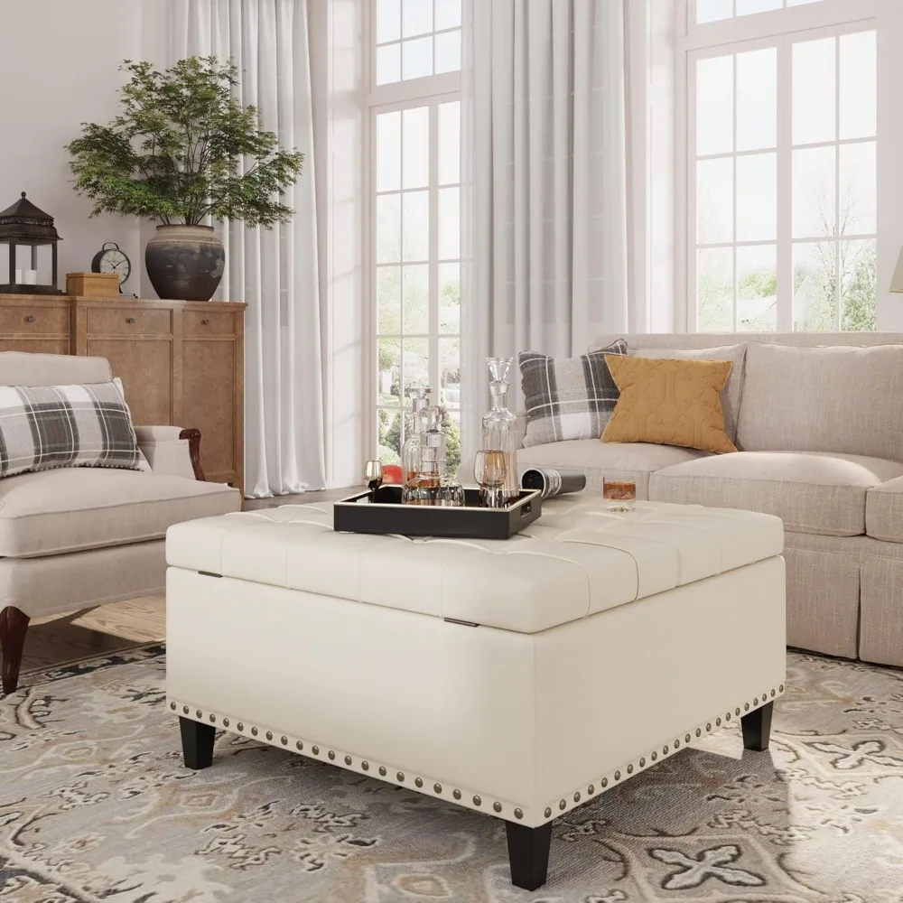 

Tufted Square Ottoman Coffee Table with Storage, Leather Upholstered Cube Storage Ottoman, Oversized Footrest Stool Toy Box Stor