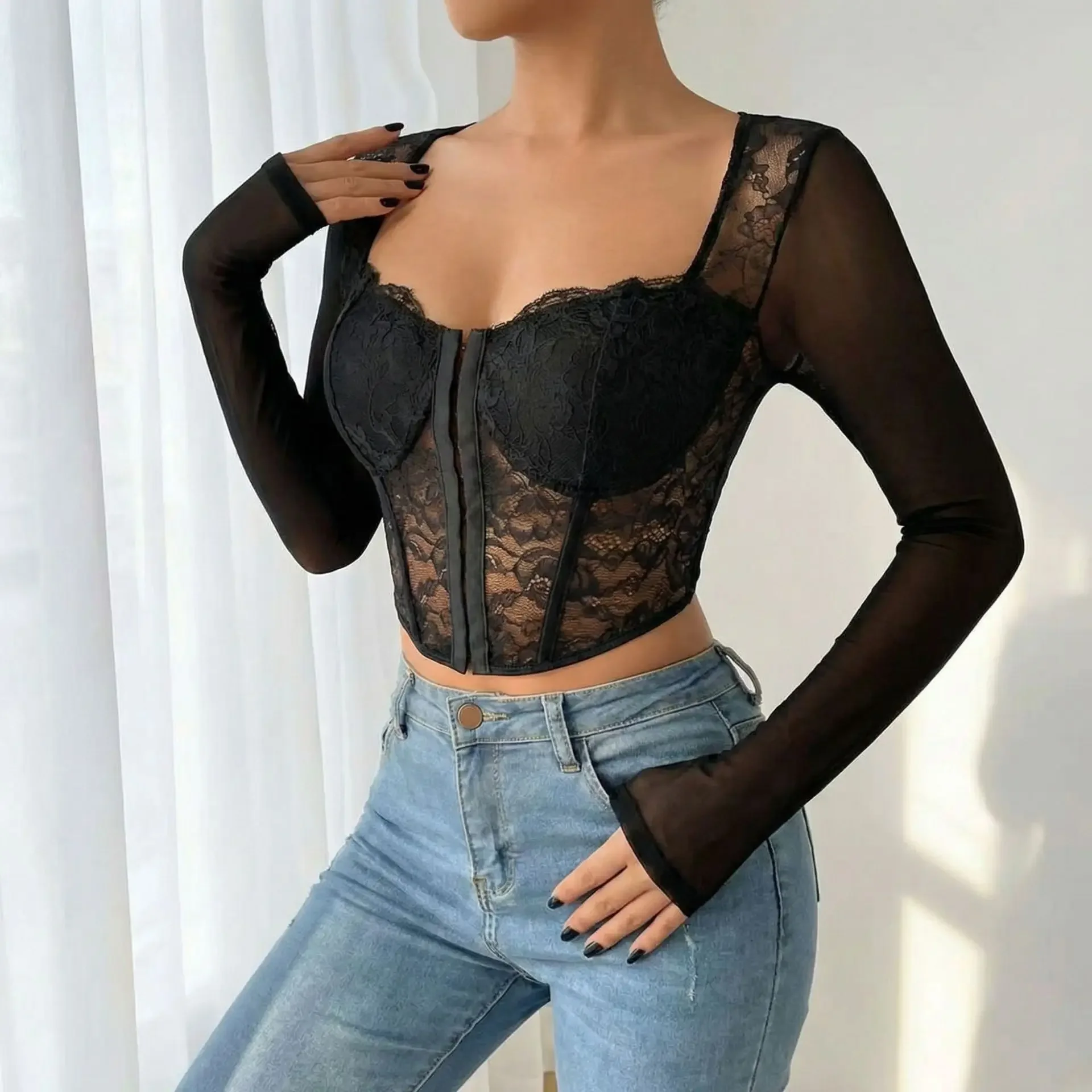 Y2K Lace Mesh Fishbone Top Spring Autumn Sexy Perspective Slimming Square Collar Long Sleeve