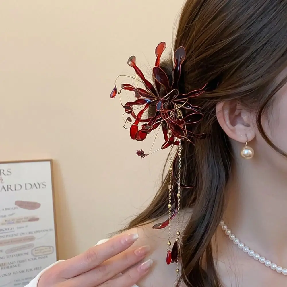 สไตล์จีน Spider Lily ดอกไม้ผม Sticks Super Fairy งานแต่งงานหยดน้ํามันพู่ Hairpins Vintage Hanfu ตะเกียบ