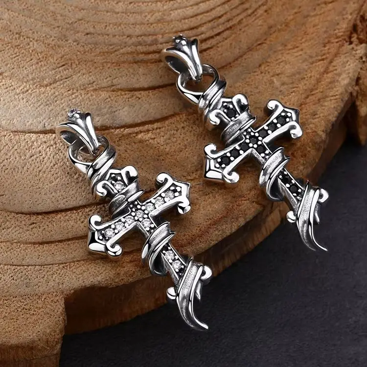 

Японские и корейские ювелирные изделия из чистого серебра, винтажный кулон в виде креста с цветком лозы, инкрустированный бриллиантом, кулон, ожерелье, кулон