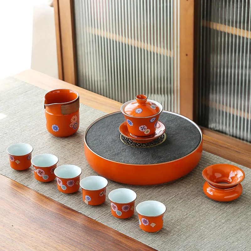 Ceramic Kung Fu Tea Set Chinese Home Brewing Tea Creative Retro Disc Dry Brewing Disc Office Meeting Gift Box Set
