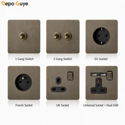 Retro Eu Metal Panel Wall Toggle Light Switch Socket,Bronzed Antique Stainless Steel German 16A Socket with USB Phone Charging