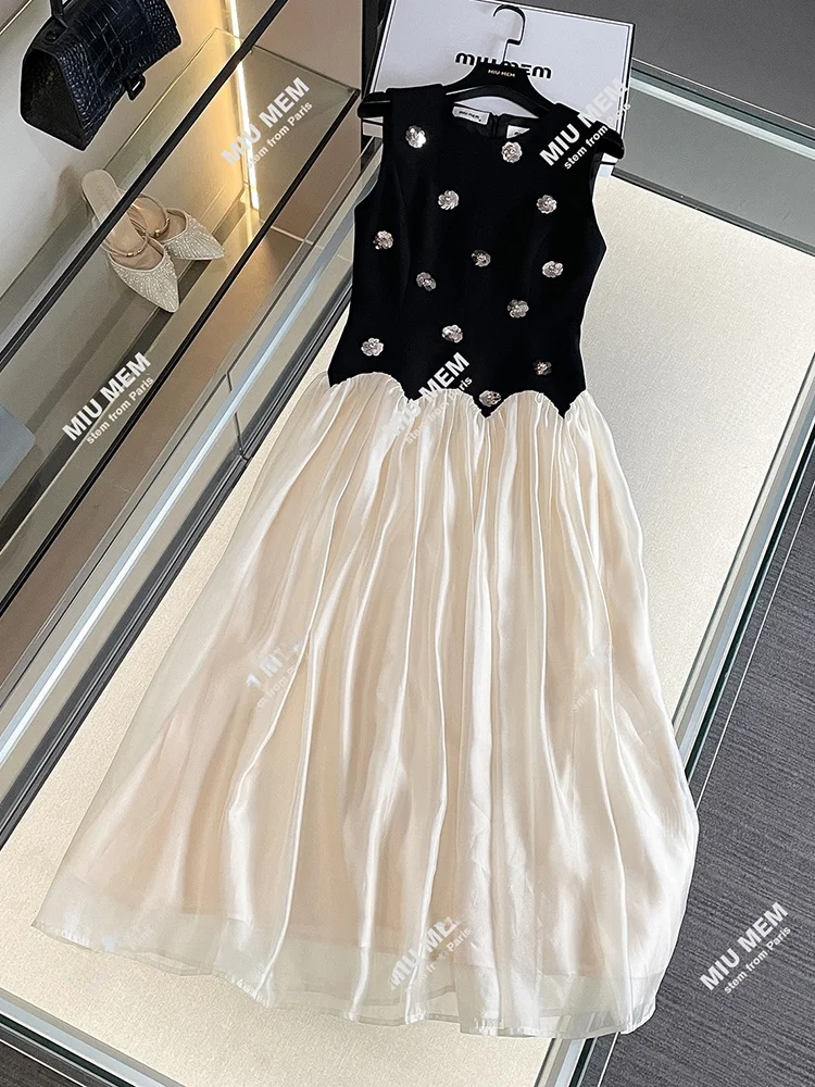 

Летняя элитная женская модная юбка-миди из шелкового шифона с вышивкой бисером и цветочным узором, с завышенной талией, для повседневной носки