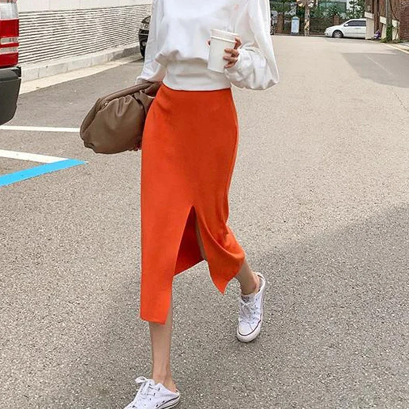 

Korean Casual Bodycorn Long Midi Skirt Sweet Vintage Elegant X049 Orange Knitted Skirts Women Elastic Waist Split Pencil Skirt