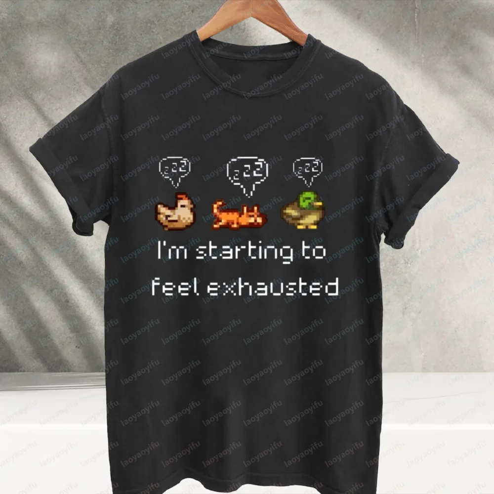 I'm Starting To Feel Exhausted Pixel Farm Animals Graphic T‑Shirt Retro Game Chicken Snake Duck Pixel Art Gamer Meme Cotton Tees