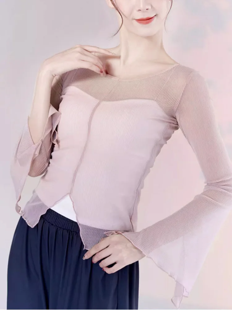 Blusa de malha com gola redonda de cor sólida com mangas sino e fendas laterais, roupa de dança de manga comprida respirável para performance