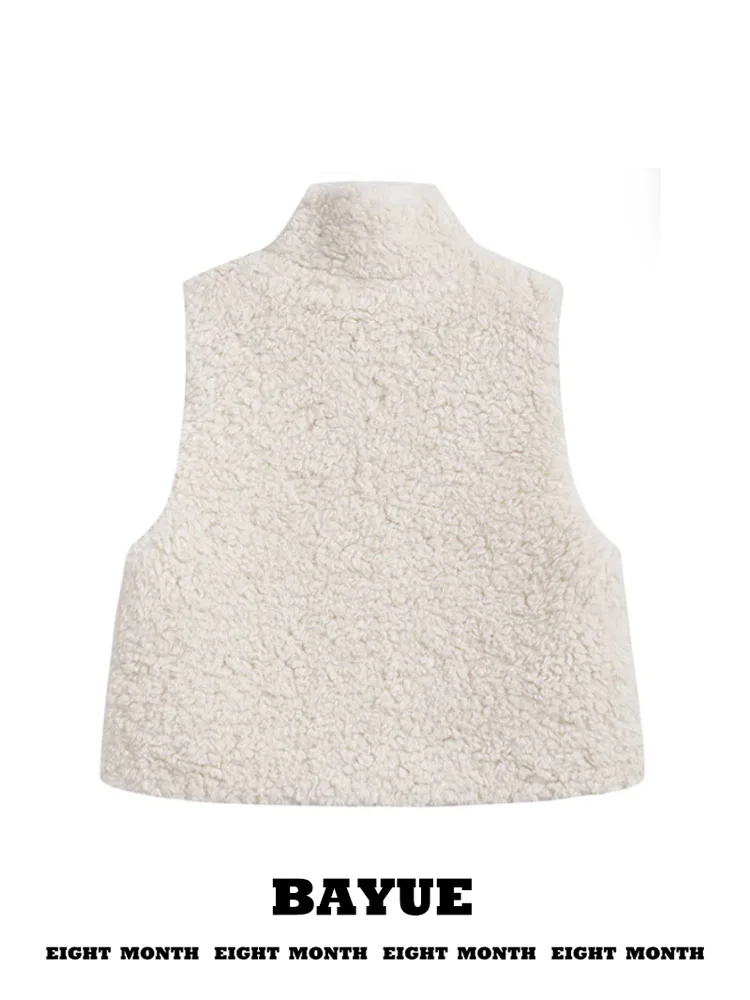 White Lamb Fur Stand Collar Vest Women's Autumn Winter Outerwear Sleeveless Furry Zipper Warm Coat Korean Style Layering