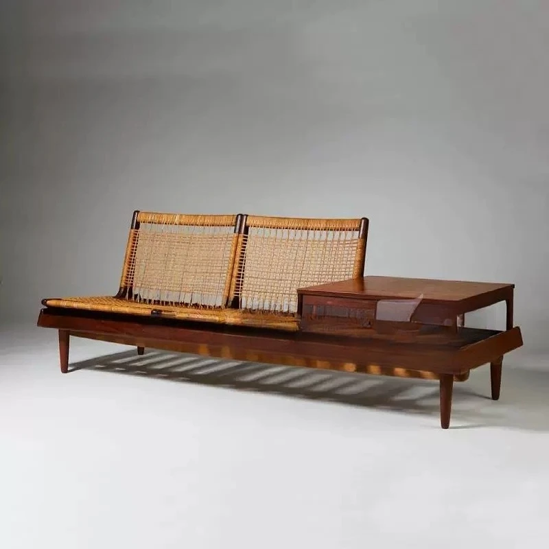 rattan bench negotiation double solid wood sofa multi-functional leisure chair bed and breakfast coffee table combination