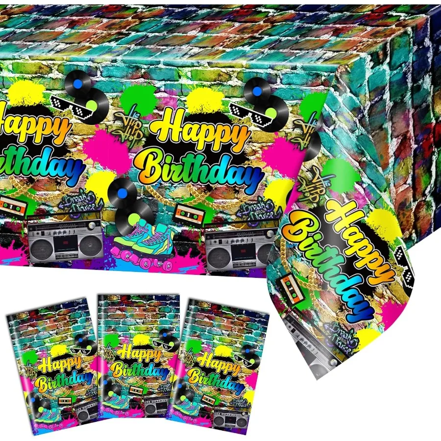 3 pcs 80s Party Tablecloth Hip Hop Birthday Party Decorations Plastic Disposable Table Cover 80 90s Theme Birthday Party Suppli