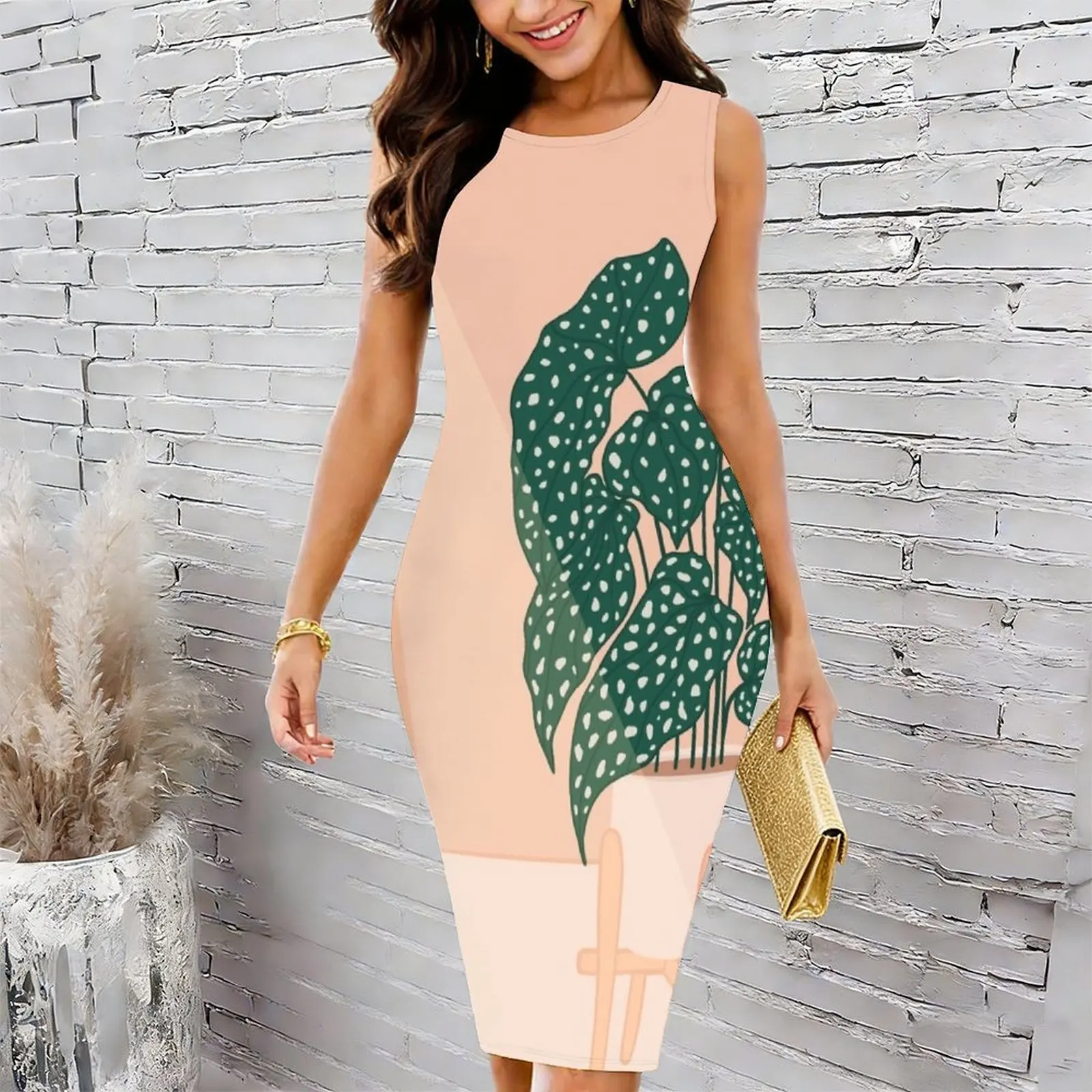 Begonia Maculata dotted plant in a pot Women's Round Neck Tight Hip Wrap Skirt