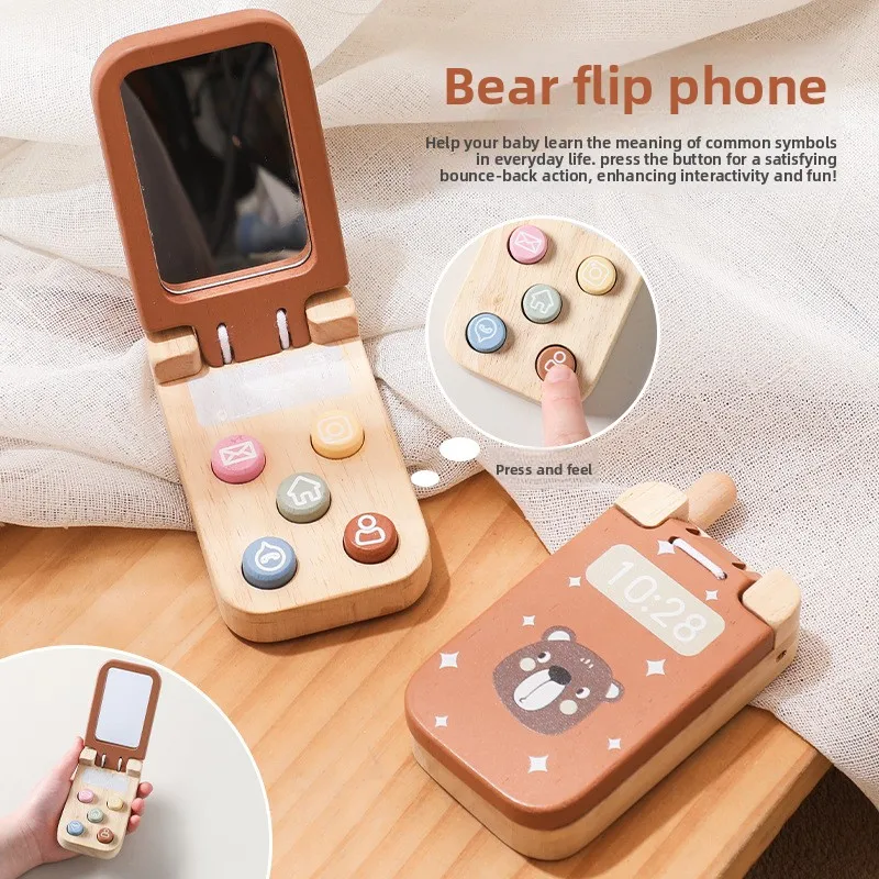 Wooden Bear Flip Button Mobile Phone Toy -Baby Cognitive Development & Fun Educational Toy, Toddler-Safe Interactive Phone Model