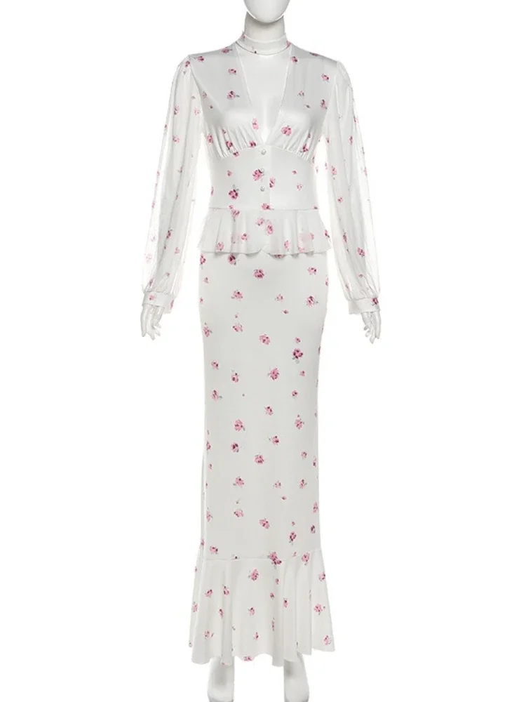 New Elegant Deep V-Neck Printed Dress For Women Mesh See-Through Slim Contrast Party Dress Evening Women's Lace-Up Maxi Dress