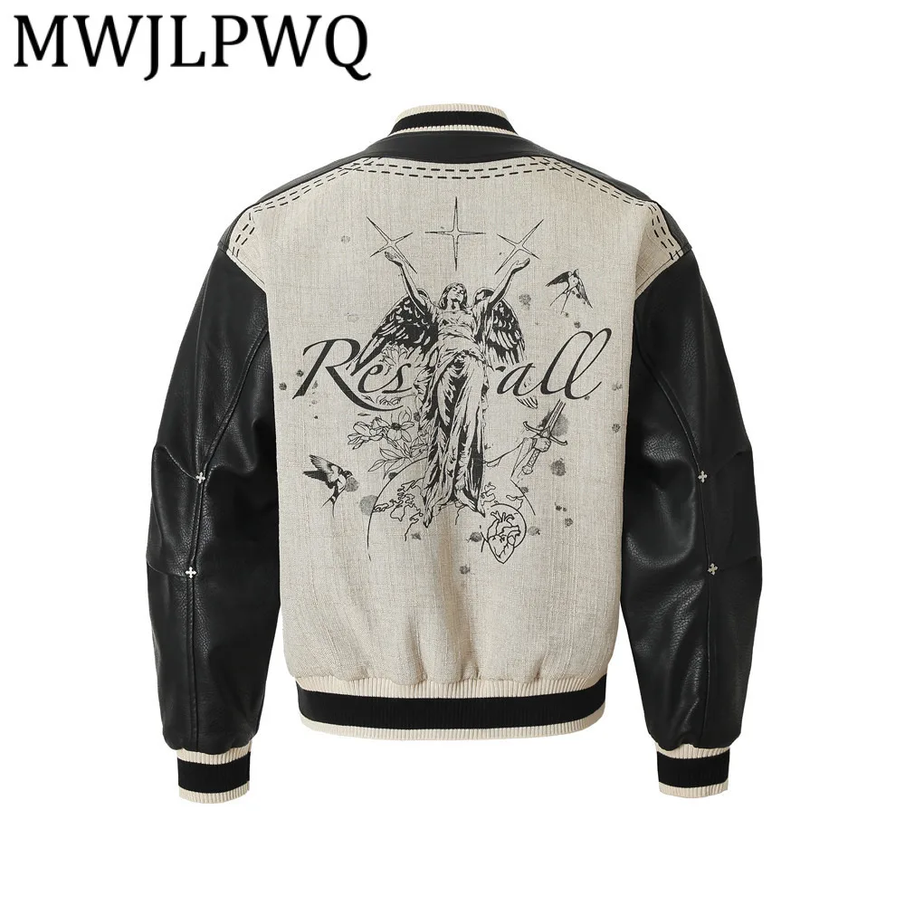 

MWJLPWQ Свободная мужская бейсбольная куртка из искусственной кожи с американским принтом, повседневные топы из искусственной кожи с цветными блоками, модные 12690