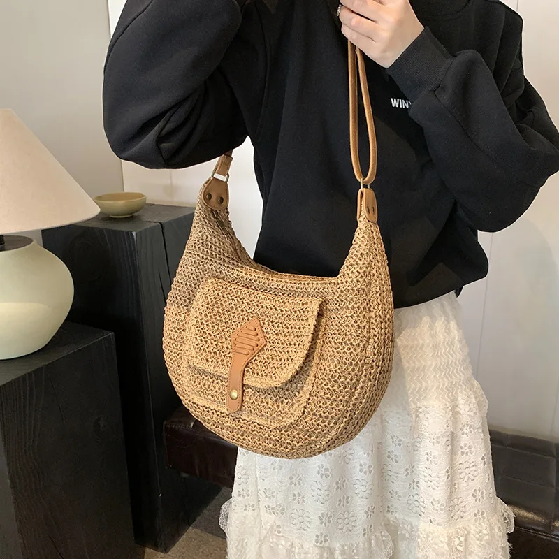 

Woven Summer Fashion Straw Bag Beach Holiday Crossbody Bag Shopping Large Capacity Shoulder Handbag Messenger Ladies Women