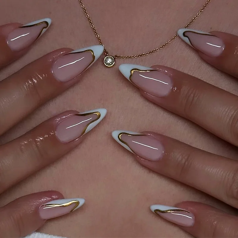 

24Pcs Nude French Almond False with Nails Irregular White Edge Design Press on Nails Tips Simple Datachable Full Cover Fake Nail