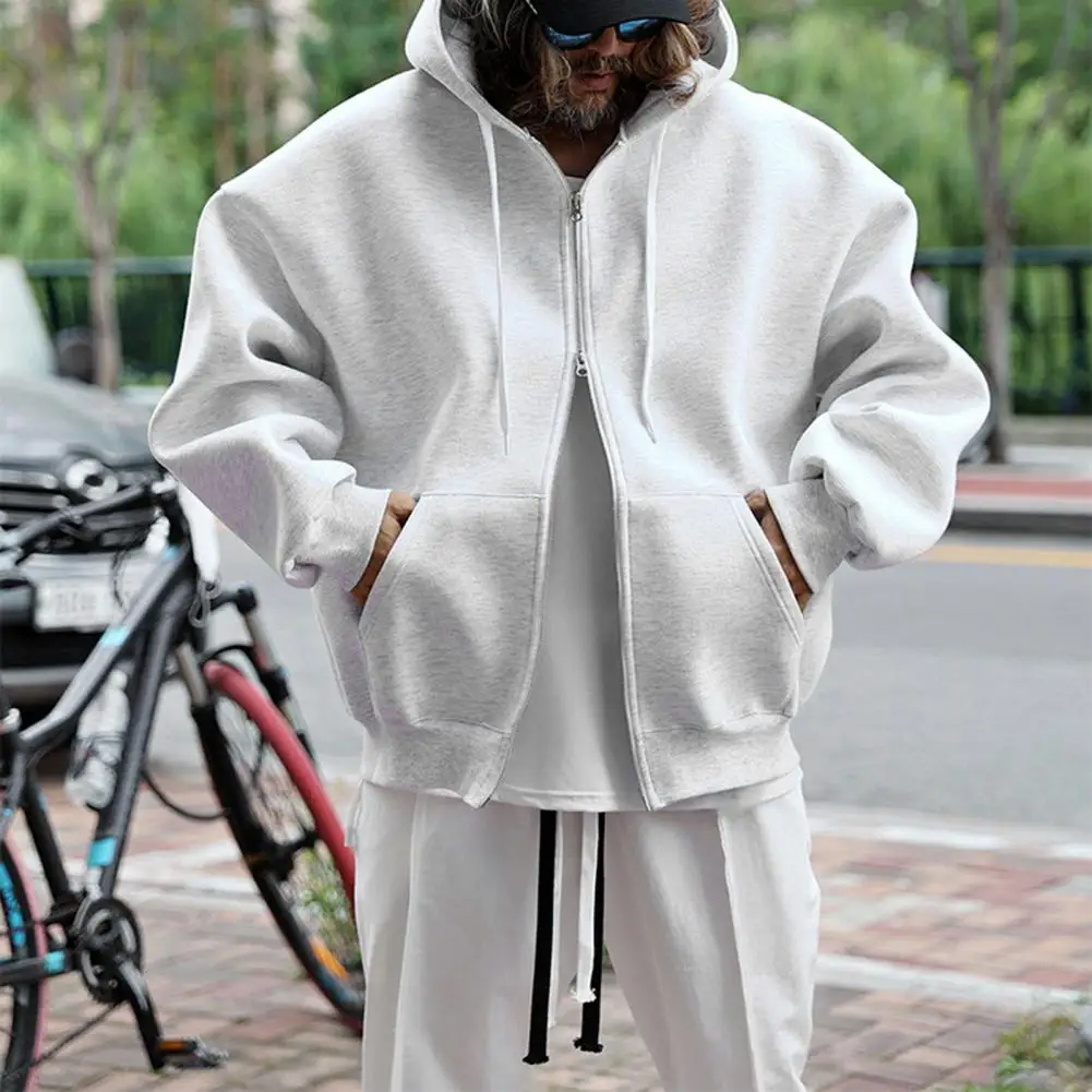 

Men Autumn Winter Solid Color Sweatshirt Coat Hoodie Drawstring Jacket Double Zipper Hoodie Outwear Solid Color Loose Fit Coat