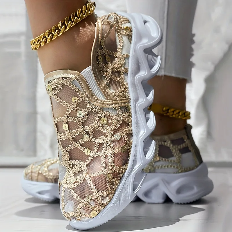 Women's Platform Casual Shoes 2025  Mesh Surface Breathable Wedge Heel Sneakers Comfortable Soft-soled Sequined Vulcanized Shoes