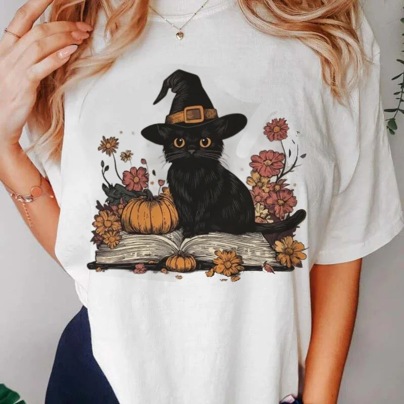 

Harajuku Cute Trendy 90s Casual Black Cat Pattern T-Shirt Women's Short Sleeved Women's Fashion Printed Autumn O-Neck T-Shirt