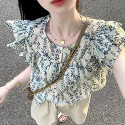 Summer Women Shirt 2024 New Vintage Flying Sleeve Floral Printed Tops Round Neck Casual Loose Ruffles Pullovers Blouse