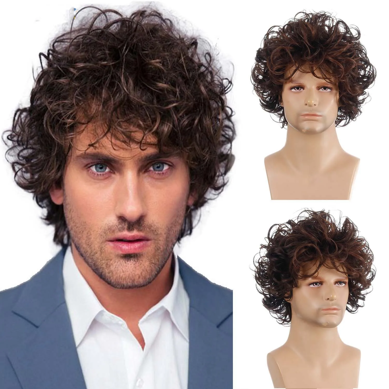 Men Short Curly Synthetic Wigs for Men\'s Daily Wig Ombre Male Curly Heat Resistant Breathable