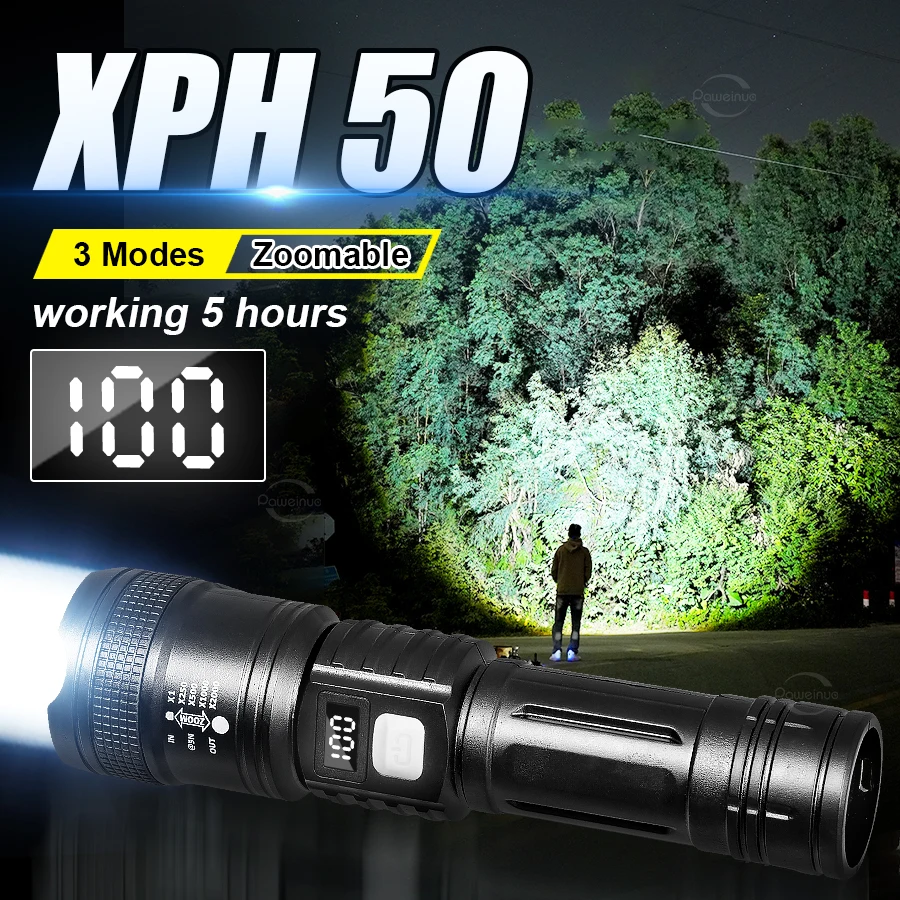 NEW XPH50 LED Flashlight Digital Power Display Zoomable Torch Type‑C Rechargeable 3 Light Modes Long Endurance Outdoor Emergency