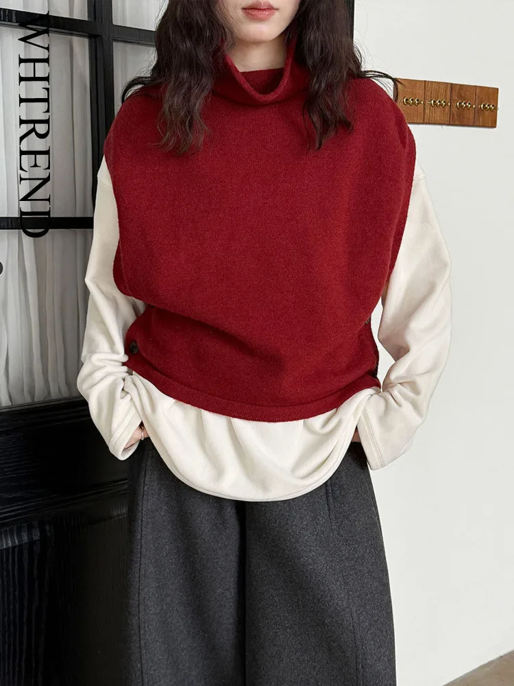 

WHTREND Pile Collar Knitted Vest For Women Winter New Chic Style Outerwear Layered Cardigan Sweater WH2202
