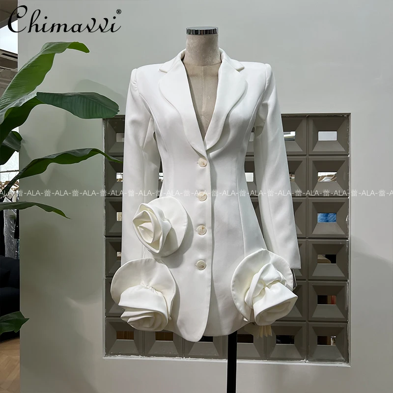 

2025 British Autumn Heavy Handmade Floral Waist-Cinching Blazer Fashion Turn-Down Collar Long Sleeve Elegant OL Mid-Length Coat