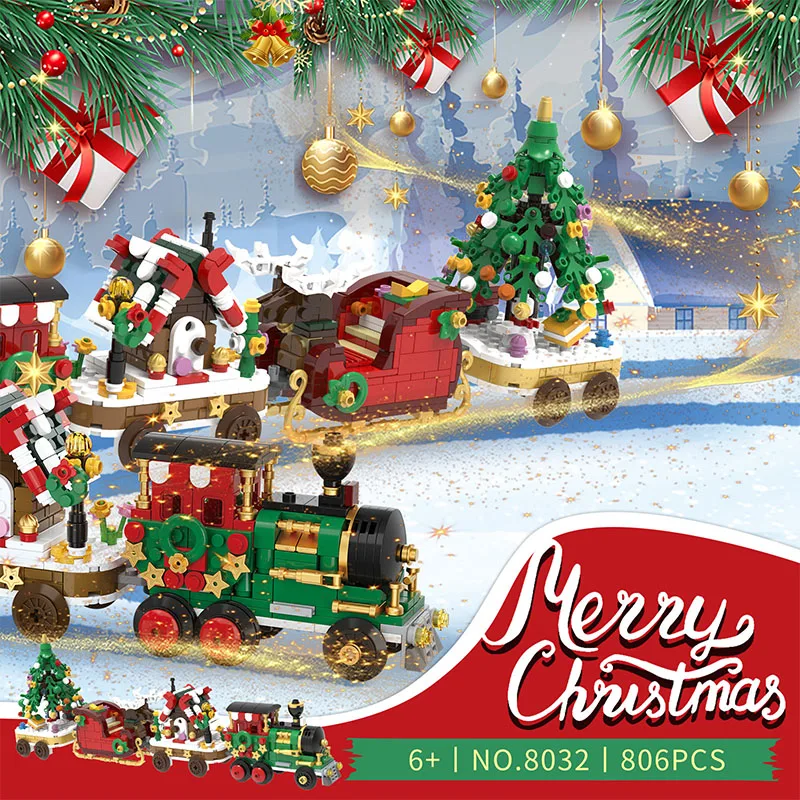 Weihnachtsschlitten, kleine Partikel, Süßigkeitenhaus, Bausteine, Zug, Weihnachtsbaum, Kinder, DIY, Geschenk für den Urlaub