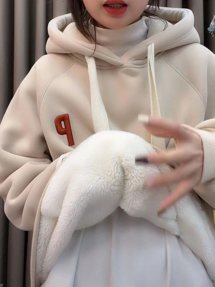 Women's 2026 Autumn Winter 100% Cotton Fleece Hooded Sweatshirt Loose Slimming Letter Embroidered Top
