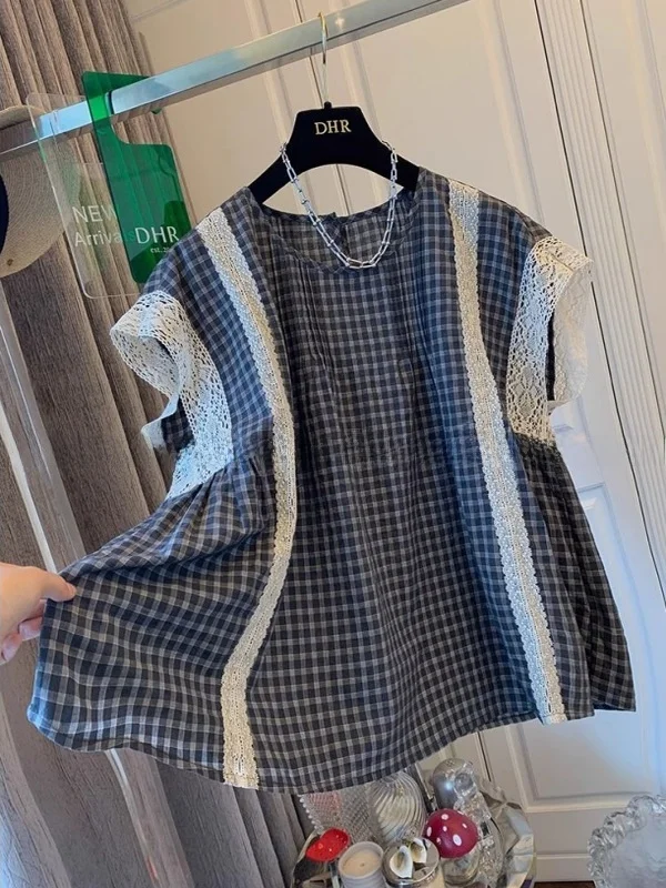 

Extra Large 300 Pou Lace Plaid Svel irt Men's Faionable Splicing Summer New Sle Cool Feeling Thin Model irt