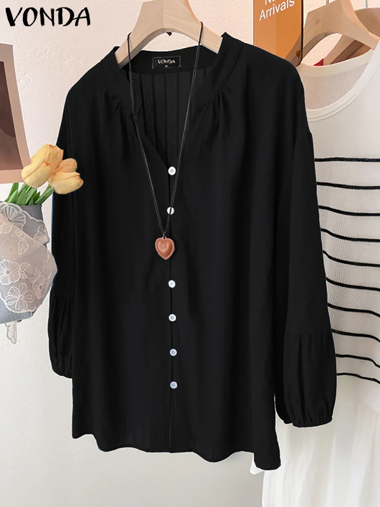 VONDA 100% Cotton Shirts Women Autumn Long Sleeve Blouse 2025 Fashion Puff Sleeve V-Neck Elegant Office Lady Tops Casual Blusas