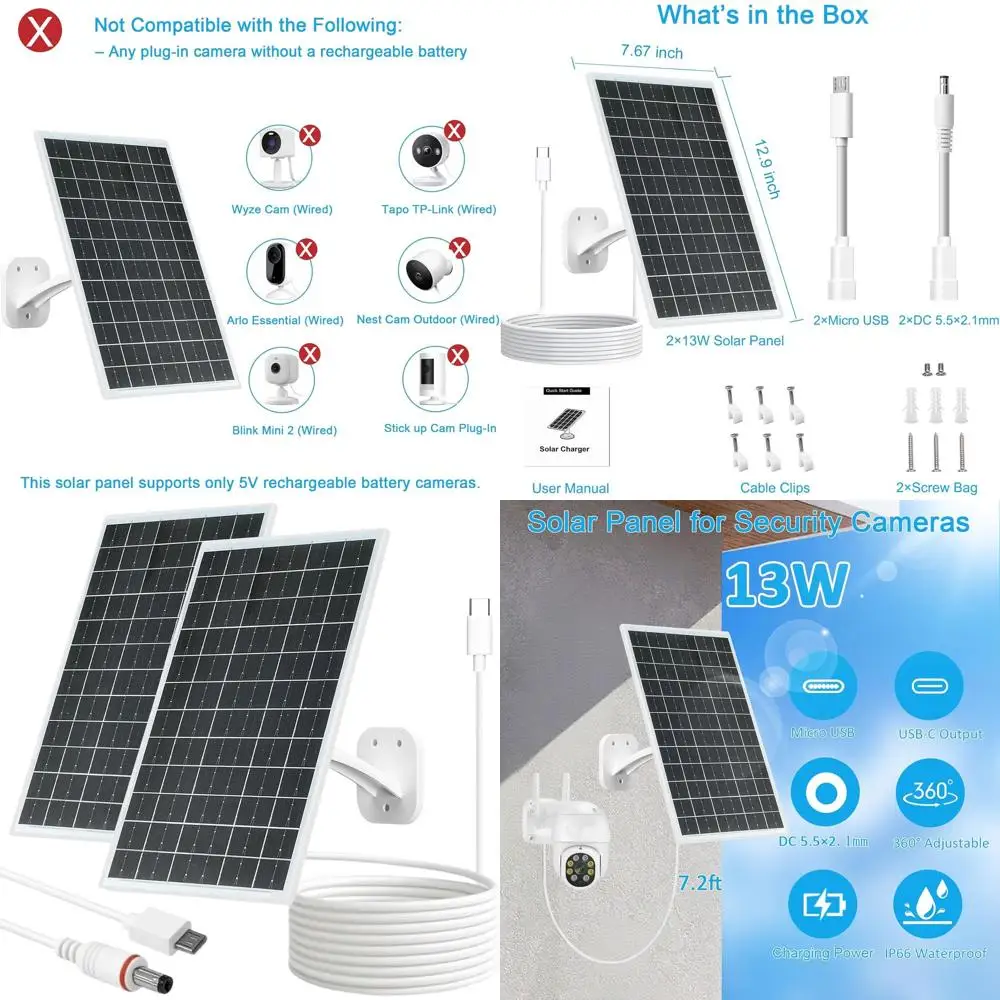 

Всепогодный 360 ° Регулируемые камеры видеонаблюдения (2 шт.) с классом защиты IP66, USB-C, Micro USB и кабелем длиной 7,2 фута