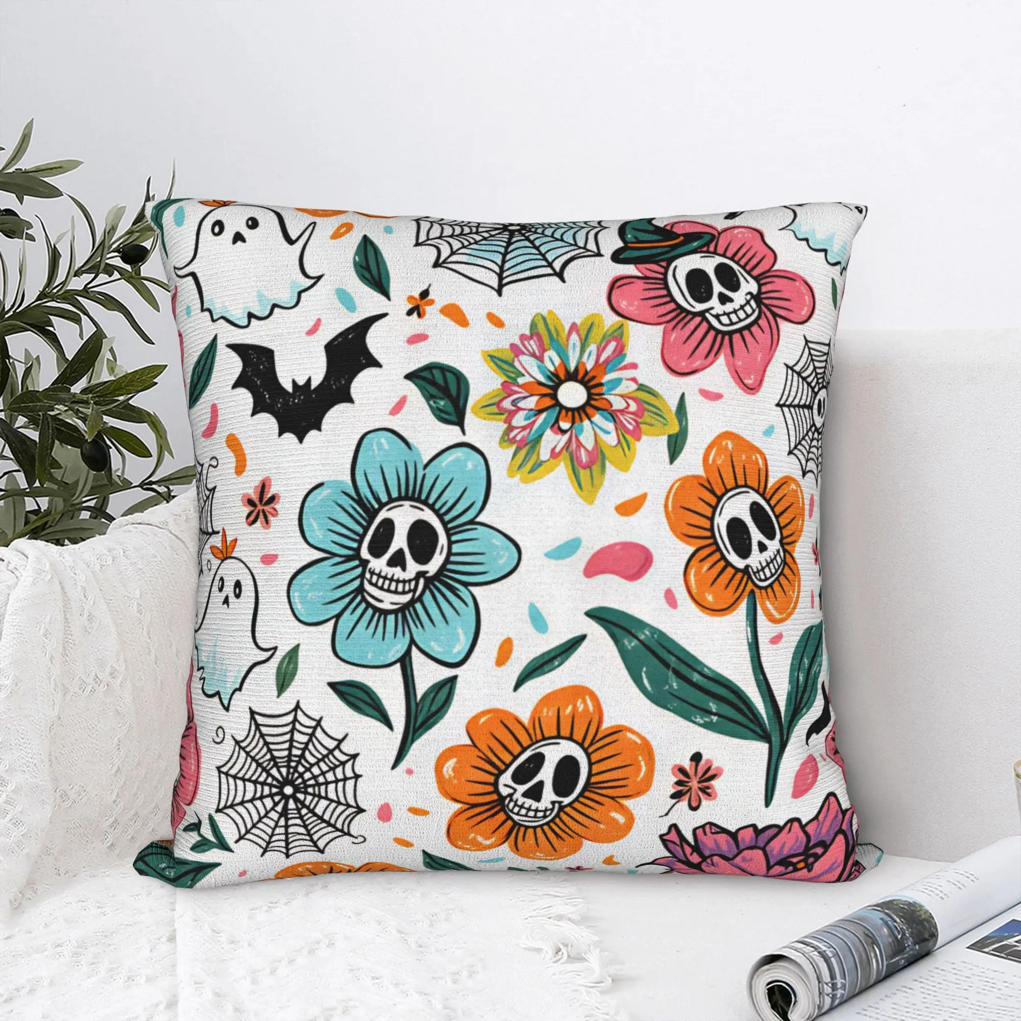 Halloween Skeleton Flower Pillow Cover  Comfy Cushion Cover Retro Trendy Pillow Case For Living Room Chair