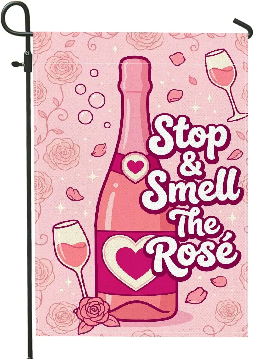 Champagne Garden Flag, Playful Fanciful Roses Wine Glass Summer Peach Double Sided Burlap Small Garden Yard Flag for Outdoor kkz