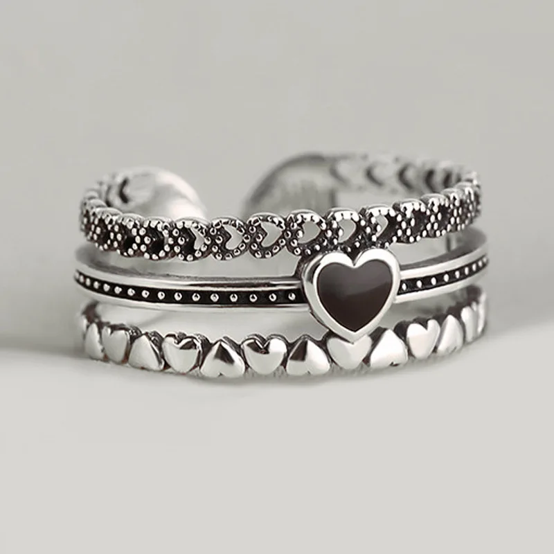 

Модное широкое кольцо с открытым сердцем, черное, с персиковым сердцем, трехслойное, на указательный палец, модный ювелирный аксессуар