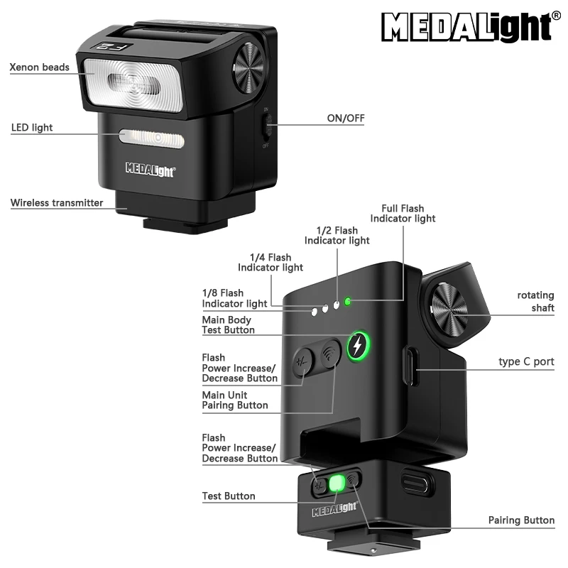 Medalight F2 كاميرا عالمية صغيرة للتصوير الفوتوغرافي ضوء فلاش لكانون نيكون سوني ZV-1 فوجي X-T4 Speedlight Flashs