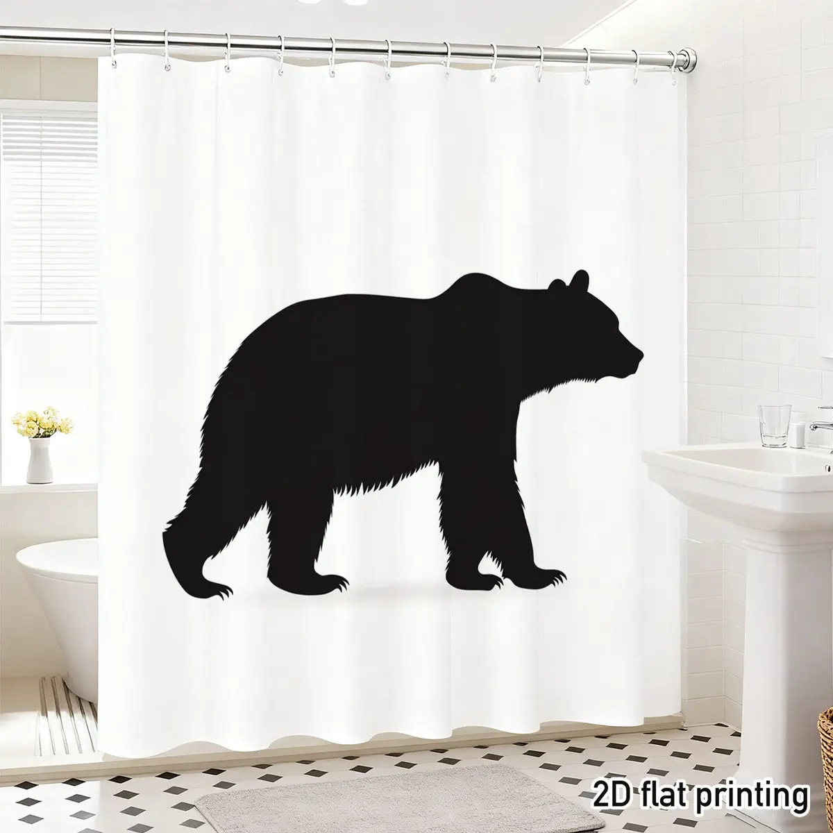 

Black Bear Silhouette Shower Curtain White Background Walking Bear Outline Polyester Wildlife Bathroom Decor