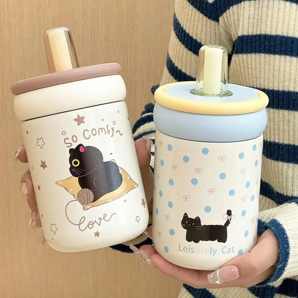 500ml Insulated Water Cup Black Cat 316 Stainless Steel Thermos Bottle Portable Vacuum Flask Straw Drinking Cup Cold Hot Mugs