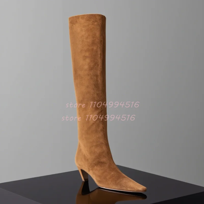 

Brown Pointed Suede Pleated Knee High Boots Women Vintage Suede Slip On Stiletto Spike Heels Lady 2025 Winter Solid Casual Boots