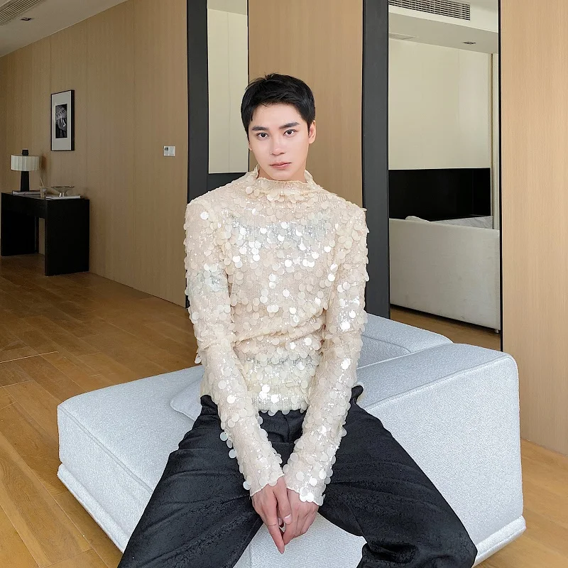 

Slim Fit Long Sve T-irt with Stand Collar Beads Street Sle Performance Stage Costume for Young Men Faionable Brand